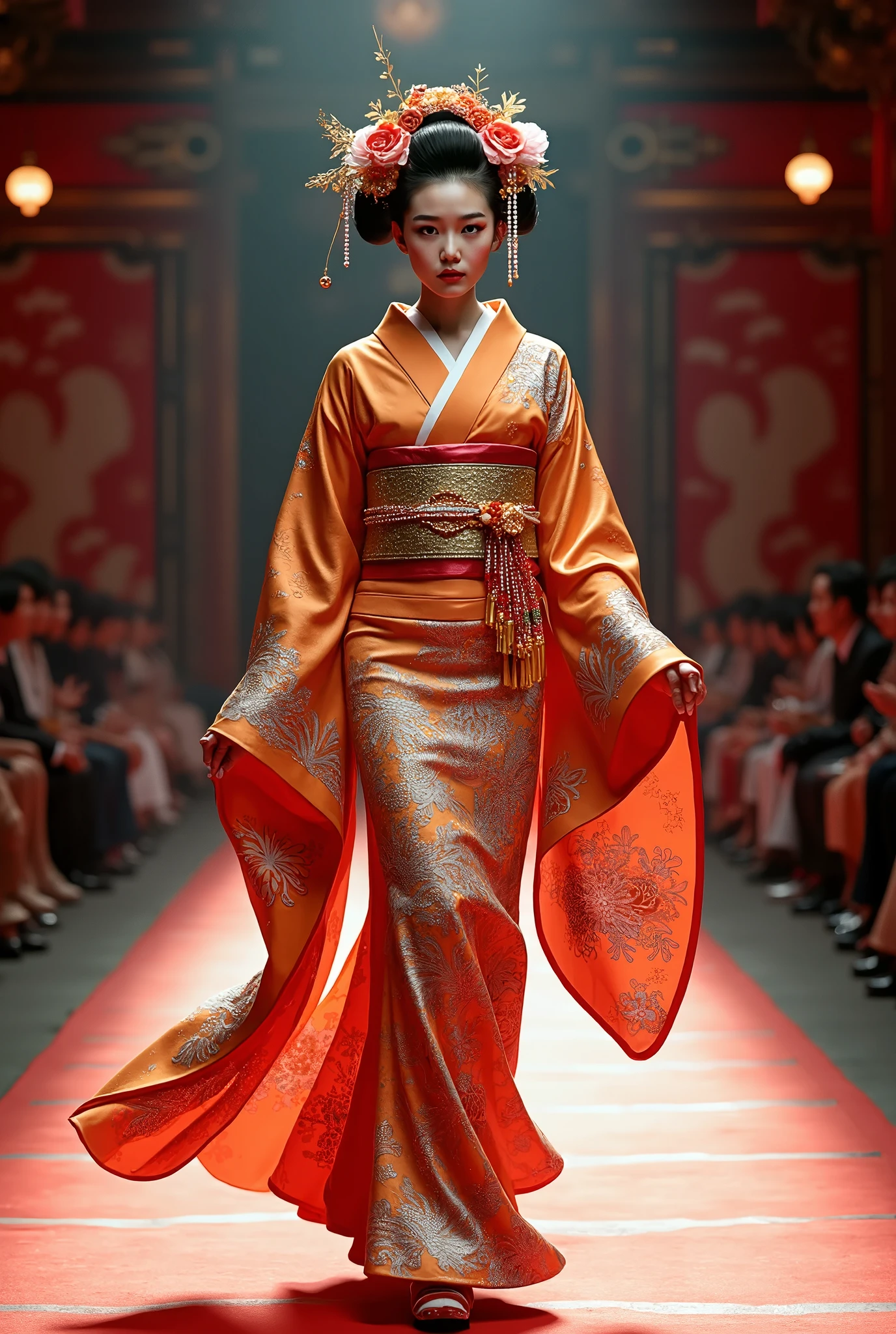 Real、(( Fashion Show))、(( walking the runway on the Kabuki stage))、Beautiful Flower Girl 、Extremely richly decorated kimono,Hanakai's red eyeliner is characteristic,Flower Master Makeup 