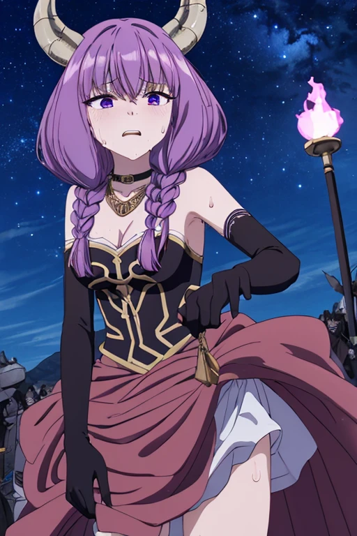 Masterpiece、Best Quality、Detailed、8k、Night Sky, Aura、Conceit,  Guillotine Aura, Long Hair, ( purple eyes:1.1),  Purple Hair,  braid, horn, twin  braid, skirt, Thigh length, gloves,  choker,  black gloves,   Elbow Gloves、 dynamic angle、panic、(((sweat)))