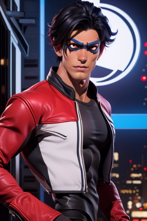 (Highly detailed CG), ( best quality), (Highly detailed CG), ( best quality), (Nightwing), (Overall view) Xihua Street, A beautiful and attractive young man with a red leather jacket , beauties, Lean Muscle,  with a cool and handsome face, Sharp Eyes,  has a bulging crotch