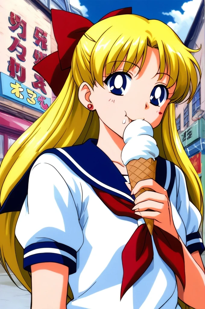 score_9,score_8_up,score_7_up,score_6_up,score_5_up,score_4_up,source_anime,
(masterpiece,highest quality,Super detailed,8k,High resolution,an extremely delicate and beautiful,Official Art,Perfect Anatomy:1.5),((90s anime,90s anime style,Cel-shaded anime,anime screencap,anime coloring:1.25)),(solo:1.5),
perfect face,beautiful,sexy,athletic body,shiny skin,
((aavenus,aino minako:1.52)), long hair, blonde hair, hair bow, tiara, earrings, blue eyes,
 red bow, school uniform, solo, bow, serafuku, sailor collar,neckerchief, short sleeves, red neckerchief, blue sailor collar,((eating ice cream:1.17))