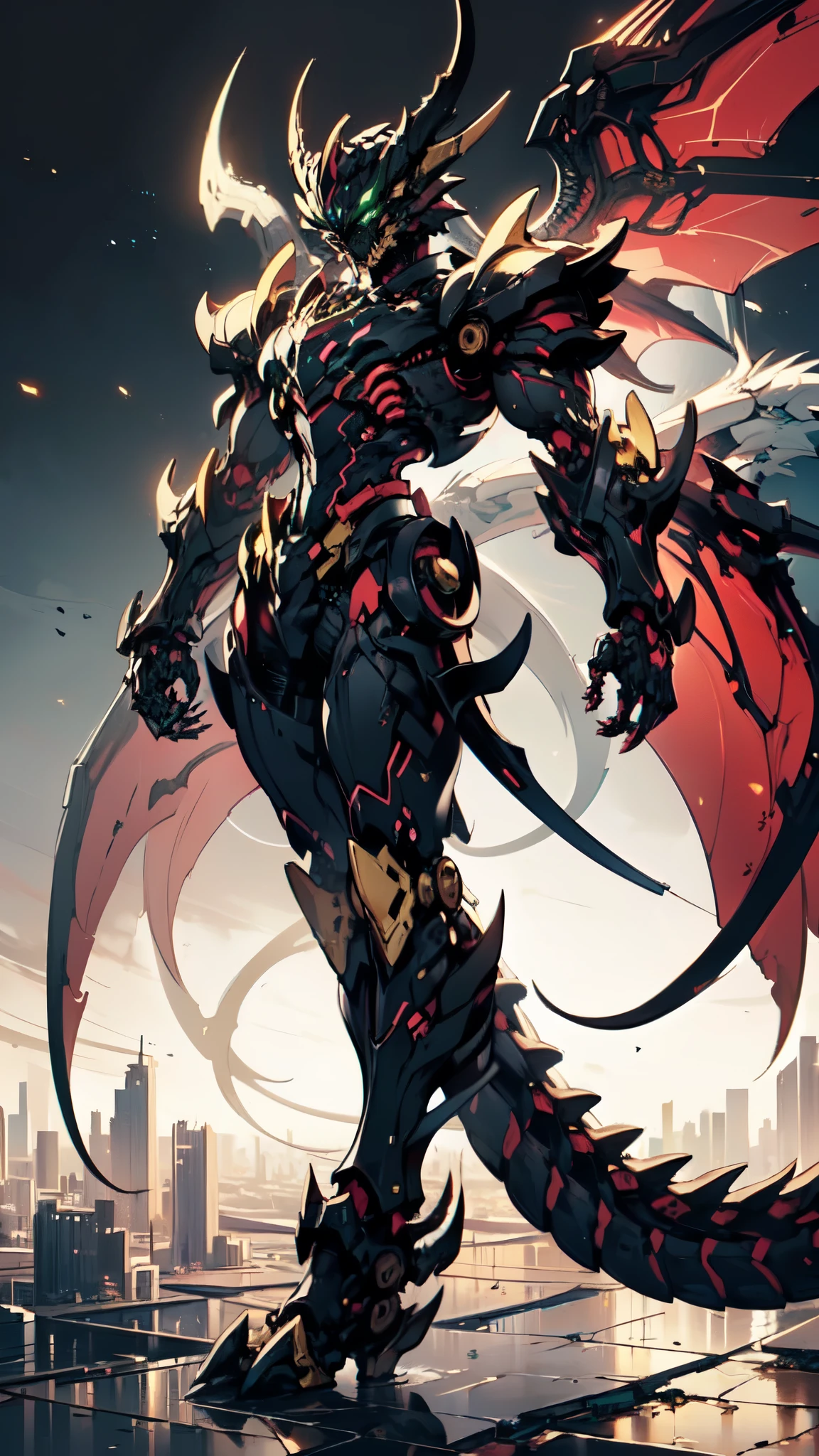 (masterpiece:1.5, best quality:1.5, extremely delicate:1.5, dynamic angle:1.5), ((male:1.5)), Biomimetic humanoid Mecha, green eyes, fully enclosed shoulder guards, matching arm and leg guards, gemstone, full body, full armor, the design balances heavy with agility, organic biotech armor, (the color scheme is primarily Black and White with Golden and Red accents, concept Inspired by Dragon, glowing eyes, the armor glows), standing, floating high above the futuristic sci-fi city, a finely crafted Super robot in anime style, exquisite and mature art style, metallic, dramatic, high definition, highres, ultra-detailed, ultra-fine painting, professional, anatomically correct, symmetrical face, extremely detailed eyes and face, high quality eyes, creativity, RAW photo, UHD, 32k, Natural light, cinematic lighting, (masterpiece-anatomy-perfect:1.2)