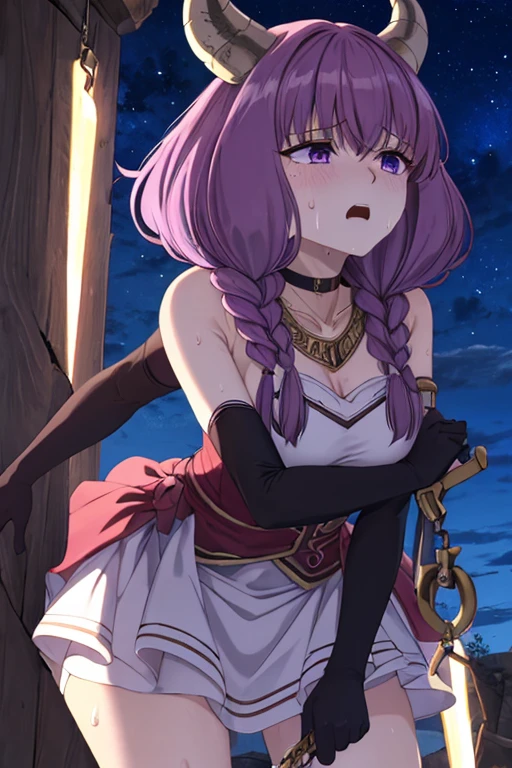 Masterpiece、Best Quality、Detailed、8k、Night Sky, Aura、Conceit,  Guillotine Aura, Long Hair, ( purple eyes:1.1),  Purple Hair,  braid, horn, twin  braid, skirt, Thigh length, gloves,  choker,  black gloves,   Elbow Gloves、 dynamic angle、panic、(((sweat)))、Peeing