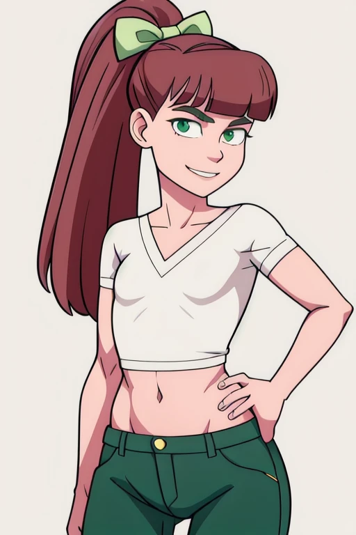 ,collect,blows,hair bows,green eyes,
big white shirt, green pants ,flat chest,
standing, upper body, ironic smile ,
White walls,
( incredibly detailed ,  beautiful and detailed face , beautiful and detailed eyes ,  masterpiece ,  The best quality ), cuerpo completo 