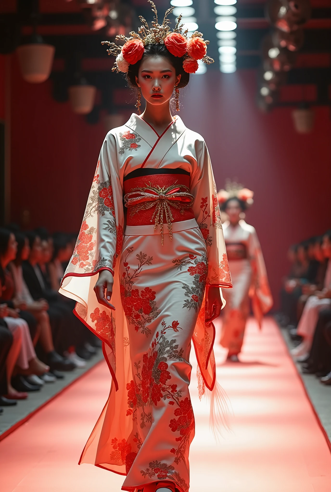 Real、(( Fashion Show))、(( walking the runway on the Kabuki stage))、Beautiful Flower Girl 、Extremely gorgeous kimono ,Hanakai's red eyeliner is characteristic,Flower Master Makeup 