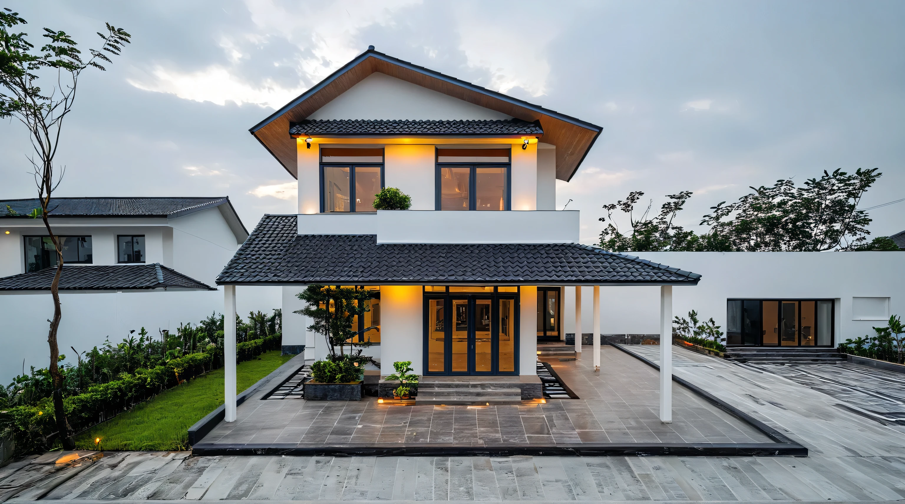 (masterpiece:1.2), best quality, photo of A two-story modern house in VietNam with white walls and dark tiles on the roof., tree and plant environment,black detail and (wooden ceiling:1.2), daylight, streetcapes, natural light, vivid color, The exterior of an elegant single family home features large windows, a dark gray door frame.