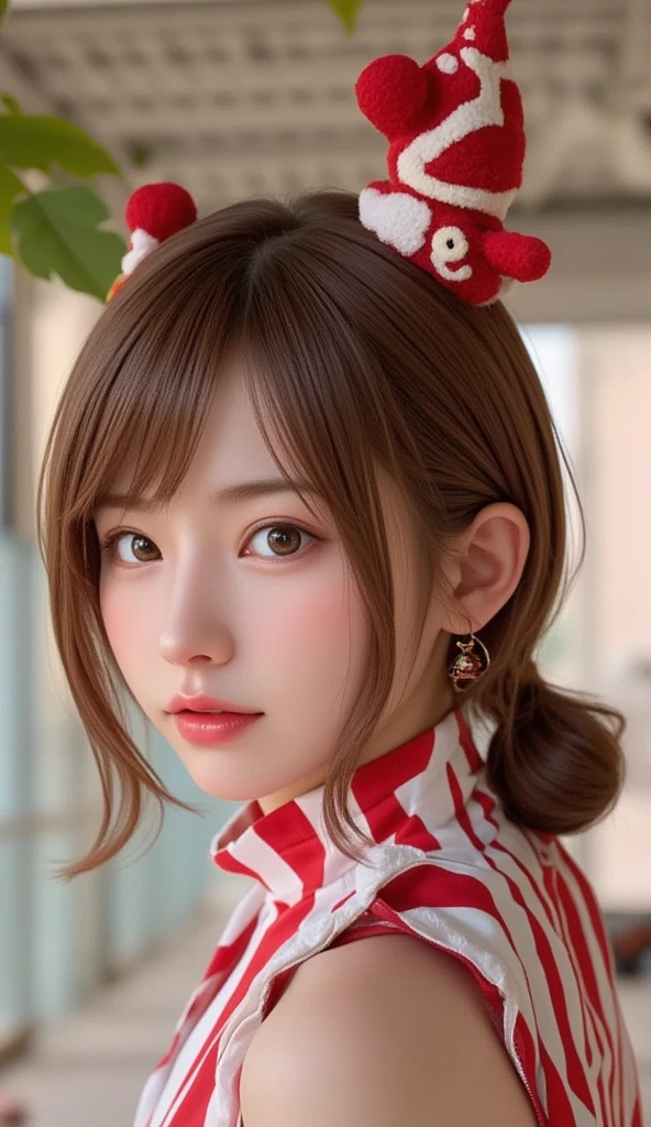 of,( best quality, Masterpiece Highly detailed, Ultra high resolution Realistic, RAW Photosの絶対解像度:1.5), (Realistic:1.4),RAW Photos、Realistic、Being thin、
((White painted face、Nose 、 Red and white striped outfit、 Emphasizing the chest 、A clown walking a tightrope:2.0))、 Japanese Women、Very cute、Age 30