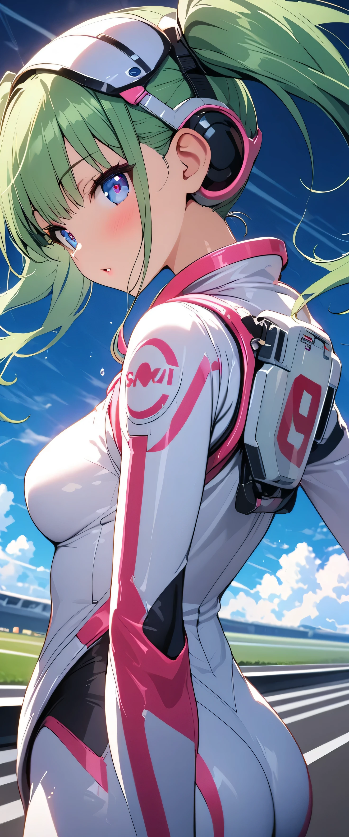 (beautiful girl:1.3),1girl,masterpiece,Ultra-high resolution, rich contrasts,Very high quality,8k,very detailed CG unit wallpaper,Texture,So ridiculous,RAW Photos,Highest quality anime,Depth of written boundary,ultra-detailed eyes,Glowing Skin,Glitter Effect,Beautiful glossy lips,score_9, score_8_up, score_7_up, source_anime,mikazehonjou, 1girl, Alone, blue eyes, twintails, green hair, bodysuit, white bodysuit, spacesuit,interceptor,(magnificent panorama view:1.3),(Rear View:2.0),(((Running down the runway while holding a space flight helmet)))