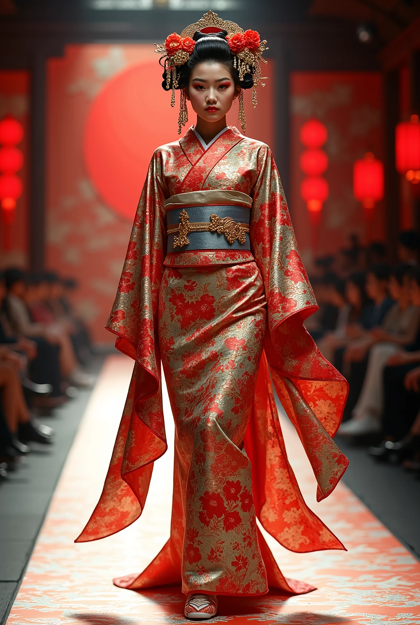 Real、(( Fashion Show))、(( walking the runway on the Kabuki stage))、Beautiful Flower Girl 、Extremely richly decorated kimono,Hanakai's red eyeliner is characteristic, flower opening makeup 