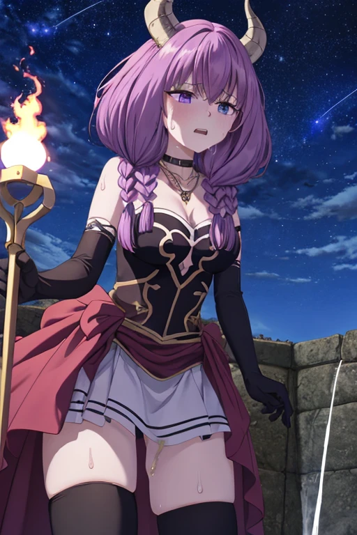 Masterpiece、Best Quality、Detailed、8k、Night Sky, Aura、Conceit,  Guillotine Aura, Long Hair, ( purple eyes:1.1),  Purple Hair,  braid, horn, twin  braid, skirt, Thigh length, gloves,  choker,  black gloves,   Elbow Gloves、 dynamic angle、panic、(((sweat)))、((Peeing))