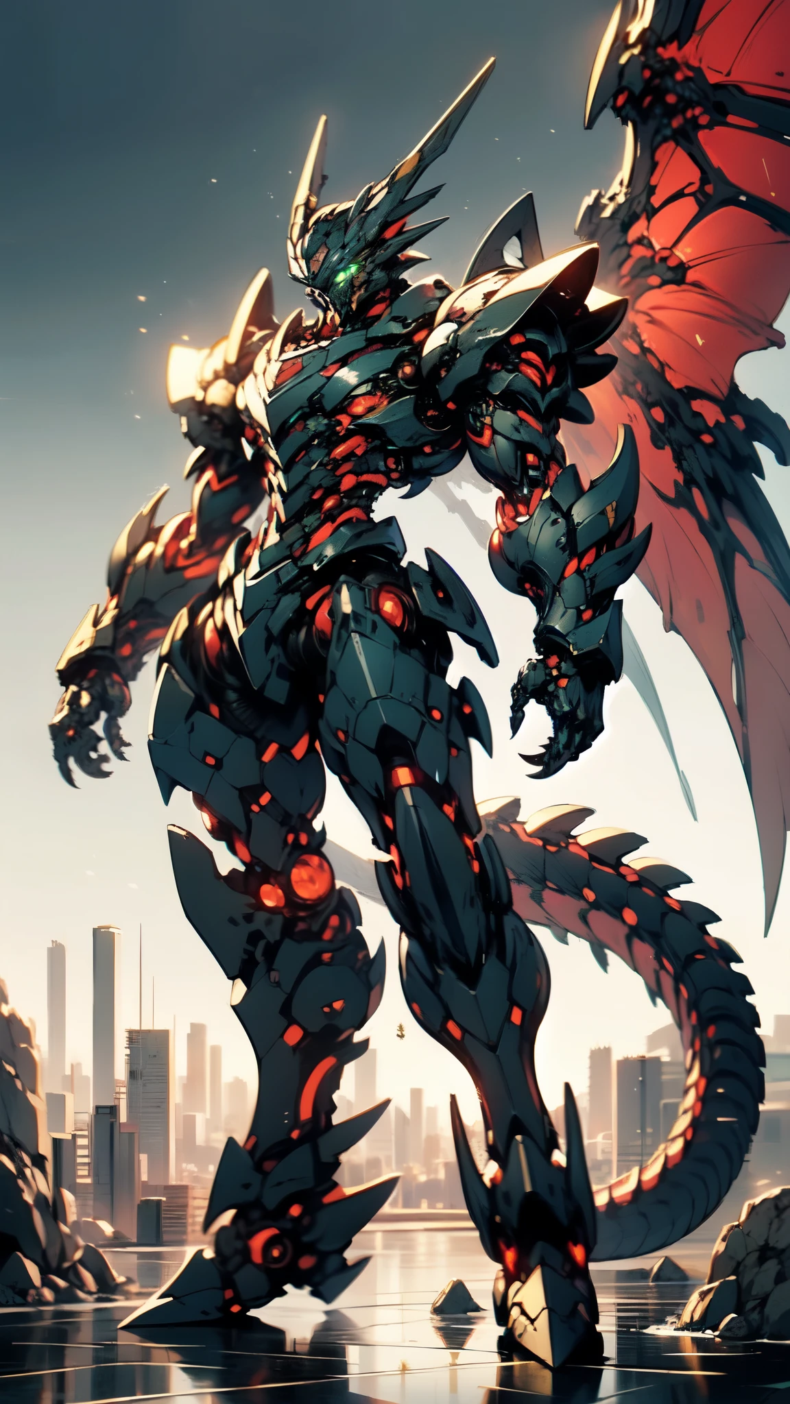 (masterpiece:1.5, best quality:1.5, extremely delicate:1.5, dynamic angle:1.5), ((male:1.5)), Biomimetic humanoid Mecha, green eyes, fully enclosed shoulder guards, matching arm and leg guards, gemstone, full body, full armor, the design balances heavy with agility, organic biotech armor, (the color scheme is primarily Black and White with Golden and Red accents, concept Inspired by Dragon, glowing eyes, the armor glows), standing, floating high above the futuristic sci-fi city, a finely crafted Super robot in anime style, exquisite and mature art style, metallic, dramatic, high definition, highres, ultra-detailed, ultra-fine painting, professional, anatomically correct, symmetrical face, extremely detailed eyes and face, high quality eyes, creativity, RAW photo, UHD, 32k, Natural light, cinematic lighting, (masterpiece-anatomy-perfect:1.2)