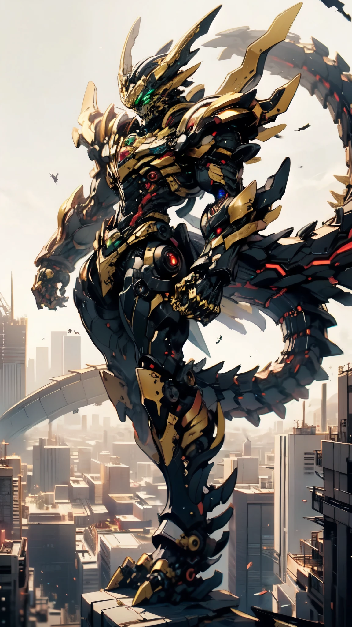 (masterpiece:1.5, best quality:1.5, extremely delicate:1.5, dynamic angle:1.5), ((male:1.5)), Biomimetic humanoid Mecha, green eyes, fully enclosed shoulder guards, matching arm and leg guards, gemstone, full body, full armor, the design balances heavy with agility, organic biotech armor, (the color scheme is primarily Black and White with Golden and Red accents, concept Inspired by Dragon, glowing eyes, the armor glows), standing, floating high above the futuristic sci-fi city, a finely crafted Super robot in anime style, exquisite and mature art style, metallic, dramatic, high definition, highres, ultra-detailed, ultra-fine painting, professional, anatomically correct, symmetrical face, extremely detailed eyes and face, high quality eyes, creativity, RAW photo, UHD, 32k, Natural light, cinematic lighting, (masterpiece-anatomy-perfect:1.2)