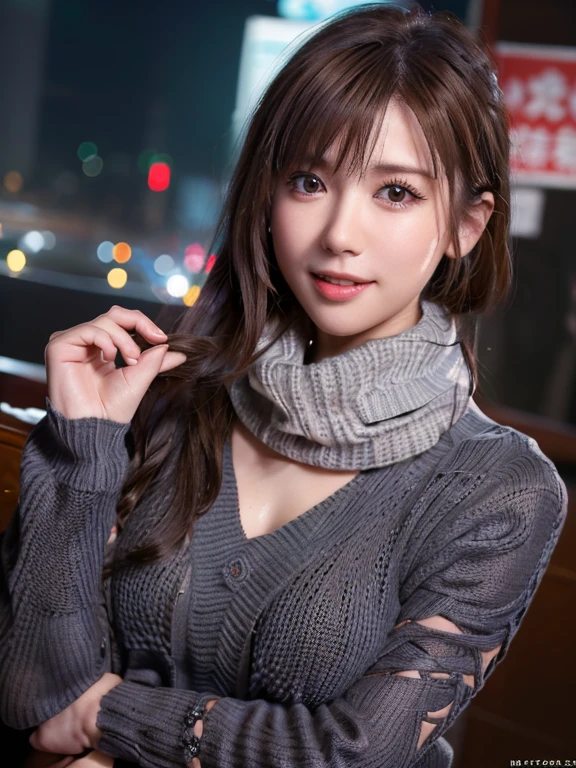 One Japanese girl,(Dark gray sweater:1.4),( she has a knitted scarf wrapped around her neck.:1.2), (RAW Photos,  best quality), (Realistic,  photorealistic:1.4), masterpiece,  extremely delicate and beautiful,  very detailed, 8k wallpaper, wonderful,  Detailed , Extremely detailed CG Unity,  High Resolution , Soft light,   BEAUTIFUL 19 YEAR OLD GIRL WITH EVERY DETAIL,   very detailed目と顔, beautiful detailed nose,  beautiful detailed eyes,Cinema Lighting,City lights at night, Perfect Anatomy,Slender body,smile  ( My hair is disheveled,  Asymmetrical bangs , Light brown hair,)