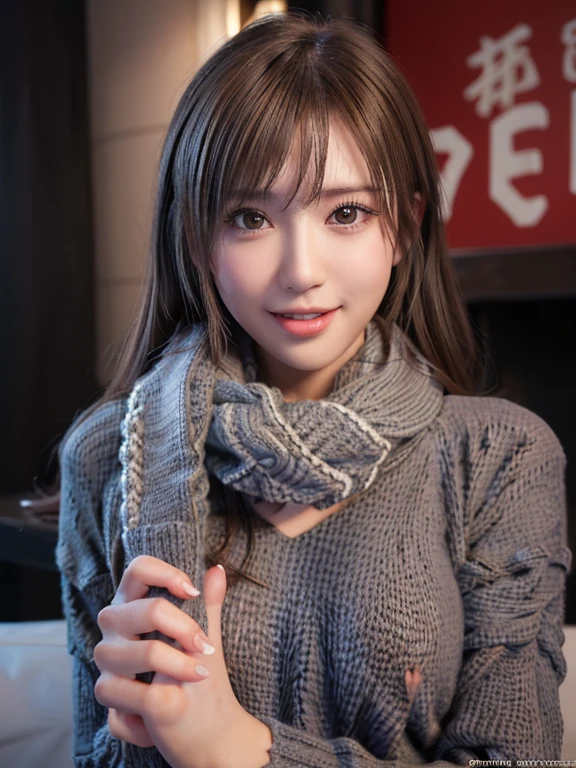 One Japanese girl,(Dark gray sweater:1.4),( she has a knitted scarf wrapped around her neck.:1.2), (RAW Photos,  best quality), (Realistic,  photorealistic:1.4), masterpiece,  extremely delicate and beautiful,  very detailed, 8k wallpaper, wonderful,  Detailed , Extremely detailed CG Unity,  High Resolution , Soft light,   BEAUTIFUL 19 YEAR OLD GIRL WITH EVERY DETAIL,   very detailed目と顔, beautiful detailed nose,  beautiful detailed eyes,Cinema Lighting,City lights at night, Perfect Anatomy,Slender body,smile  ( My hair is disheveled,  Asymmetrical bangs , Light brown hair,)