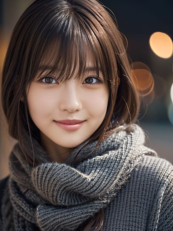 One Japanese girl,(Dark gray sweater:1.4),( she has a knitted scarf wrapped around her neck.:1.2), (RAW Photos,  best quality), (Realistic,  photorealistic:1.4), masterpiece,  extremely delicate and beautiful,  very detailed, 8k wallpaper, wonderful,  Detailed , Extremely detailed CG Unity,  High Resolution , Soft light,   BEAUTIFUL 19 YEAR OLD GIRL WITH EVERY DETAIL,   very detailed目と顔, beautiful detailed nose,  beautiful detailed eyes,Cinema Lighting,City lights at night, Perfect Anatomy,Slender body,smile  ( My hair is disheveled,  Asymmetrical bangs , Light brown hair,)