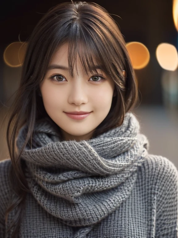 One Japanese girl,(Dark gray sweater:1.4),( she has a knitted scarf wrapped around her neck.:1.2), (RAW Photos,  best quality), (Realistic,  photorealistic:1.4), masterpiece,  extremely delicate and beautiful,  very detailed, 8k wallpaper, wonderful,  Detailed , Extremely detailed CG Unity,  High Resolution , Soft light,   BEAUTIFUL 19 YEAR OLD GIRL WITH EVERY DETAIL,   very detailed目と顔, beautiful detailed nose,  beautiful detailed eyes,Cinema Lighting,City lights at night, Perfect Anatomy,Slender body,smile  ( My hair is disheveled,  Asymmetrical bangs , Light brown hair,)