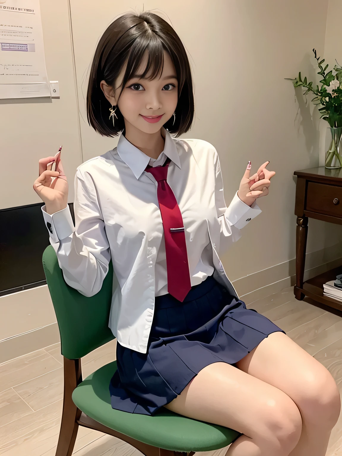 Highest quality、Figures、one person、Earrings、Cute Girls、sexly、Slender、Red tie、White shirt、sexly、Navy blue exy))、Very detailed、Fine details、Slim Body、Slender、Japanese Girls、High resolution、8k、wallpaper、Perfect dynamic composition、Beautiful fine details、Short Bob Cut、((Red Hair))、Big natural color lip、大胆なsexlyポーズ、smile、Cold Stare、、Cute、Lolita、Good eyes、whole body、Yellow wall、smile、Sitting in a chair、sexly、