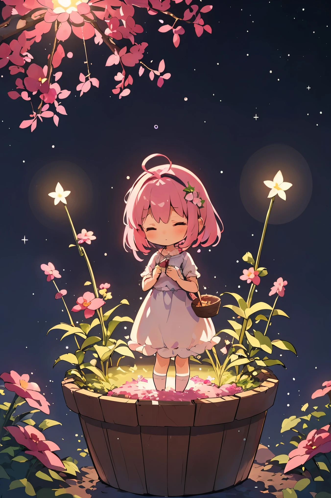 masterpiece, best quality, ultra-detailed, minimal object, chibi, Low Fidelity (lofi) art style, pastel pink and purple tones. A chibi gardener gently plucks glowing stars from a small garden, where the plants are growing miniature galaxies and constellations. The stars twinkle softly as they are carefully gathered into a small basket. The garden is minimal, with soft, glowing plants and tiny orbs of light floating above the soil. A small chibi figure stands at the edge of the garden, their back to the viewer, watching the gardener quietly tend to the cosmic plants. The scene is peaceful and surreal, blending the quiet, calming work of gardening with the vastness of space.