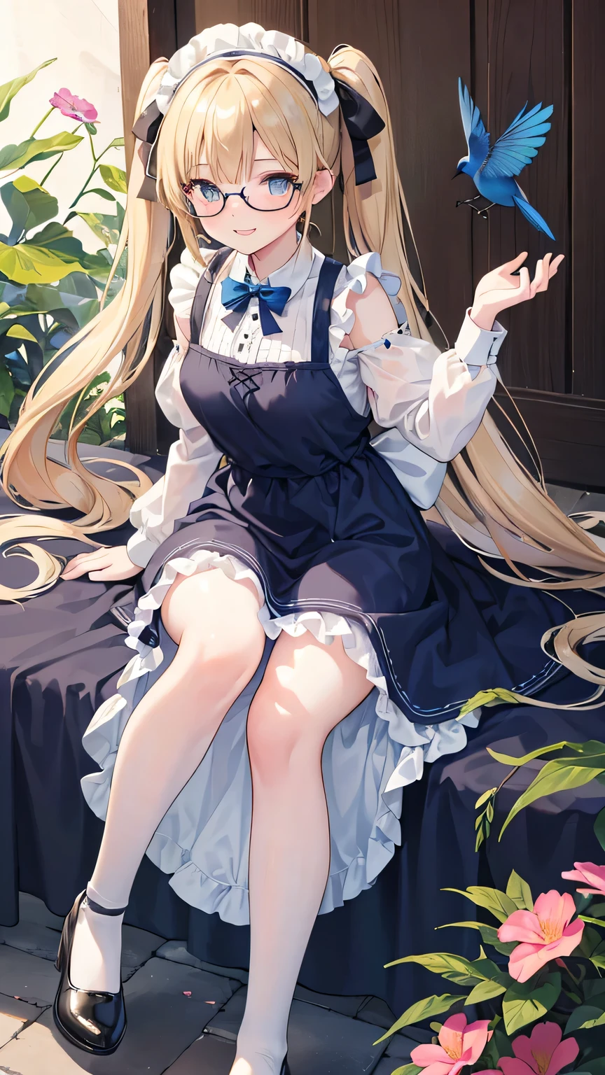 (8k, highest quality, Tabletop:1.2)、Ultra-high resolution、One 14-year-old girl, Perfect Fingers, Detailed face, Blushing, blue eyes, Blonde, Braid, White panties, White blouse, Black vest, garden, flower bed, Lying on the grass