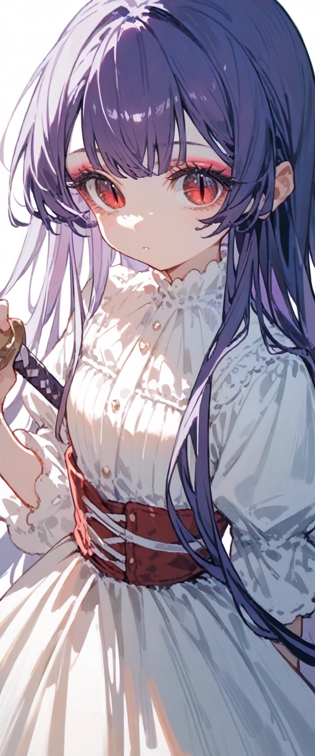  Girl with a forward slit and holding a sword of light in both hands(Sketch)One person、Light Red Eyes (Big Eyes:1.4),  princess dress, Long purple hair( semi-long hair:1.4)( eyeshadow:1.3)(Eyelashes:1.2)Original Costume(fringe)(Strand Details ), ( white background)
