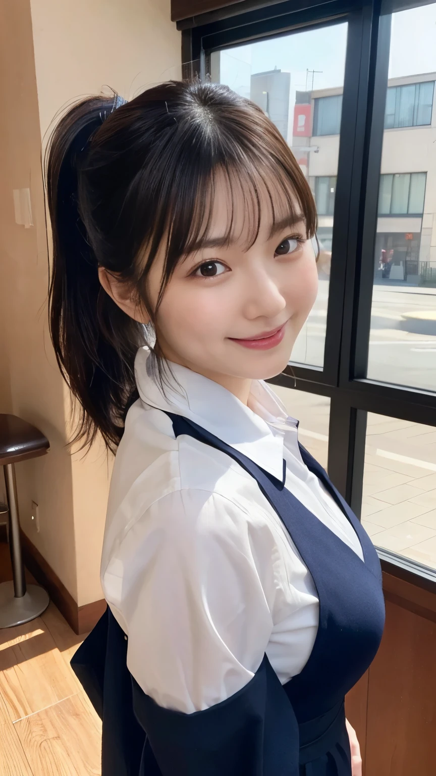 (highest quality,masterpiece:1.3,ultra high resolution,),(Super detailed,caustics),(Photoreal:1.4,RAW shooting,)ultra-realistic capture,very detailed,High resolution 16K human skin close-up。 natural skin texture、,The pores are、、、Must be detailed enough to be easily identified。 Skin should look even-toned and healthy。 Use natural light and color,restaurant,waitress uniform,1 girl,Japanese,18-year-old,cute,black haired,ponytail,big breasts,smile,turn your body forward,(Front view:1.1),look at the camera,cowboy shot,