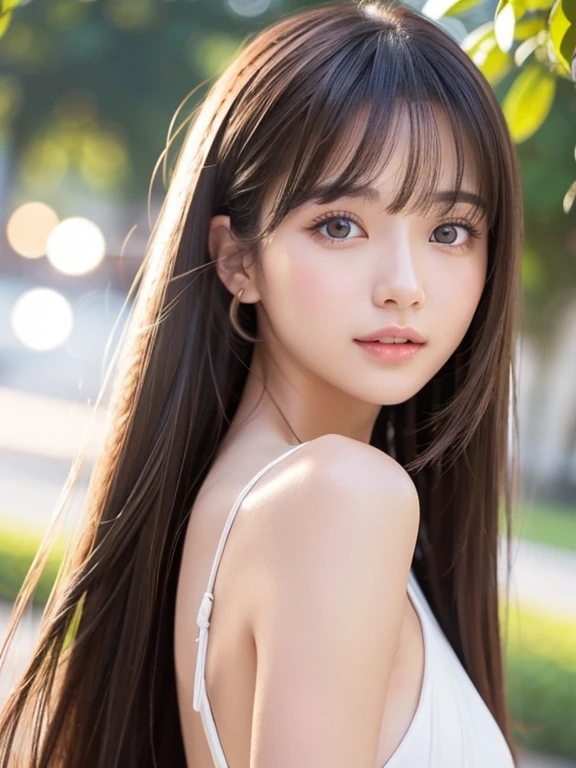 Asian, beautiful, thin, cute, 23 years old, beautiful顔,ふわりとしたセクシーな唇 beautiful肌,White soft skin texture, actress, mature, Upper Body, Light brown hair, thin髪,Silky Hair, Live Action, Tabletop, Highest quality, Ultra high definition, Exquisite 8K raw photo: 1.5, Ultra-high resolution, Casual Fashion, Lighting, Summer Fashion, (Natural brown hair: 0.8), (Puffy eyes), Looking at the audience, turn around, Bleached Hair, Model pose, beach resort background, Summer sunshine, Lens flare, Delicate skin types, thin巻き毛, Put your hands around your mouth, White T-shirt, Hair model photoshoot