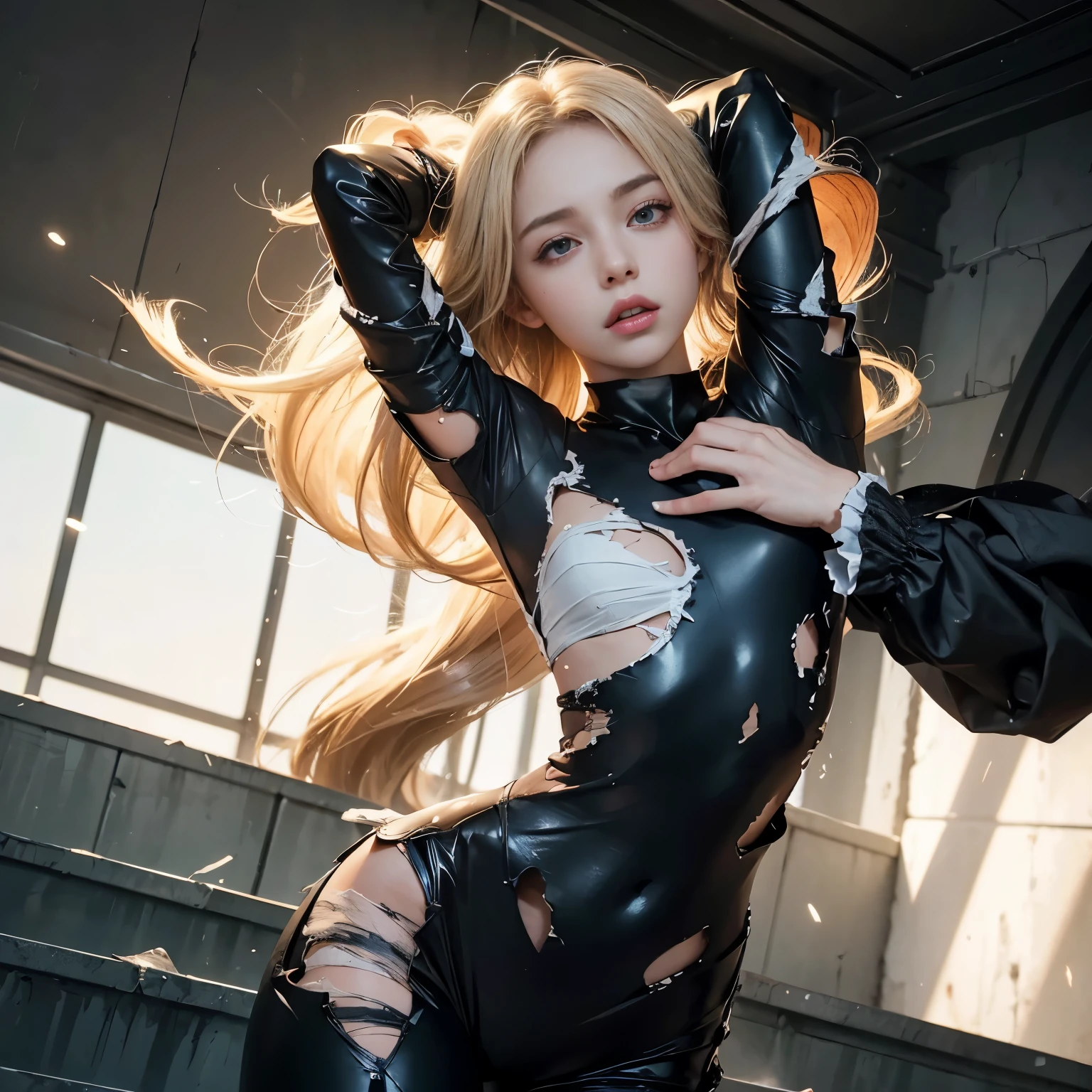 1girl, (Blue Eyes), angry face, ((Long Shot LS), (Low View), ((Sana Minatozaki)), wide hips, Big Boobs, big ass, (Best Quality, 8k, Masterpiece: 1.3)) ), Clear Focus: 1.2, Perfect Body Beauty: 1.4 , Slender Abs: 1.2, Wet Body: 1.5 , Highly detailed face and skin texture, detailed eyes, double eyelids, ((long blonde hair)), Batman \(Batman \), ((cloak)), jumping, Gotham city, batmobile background