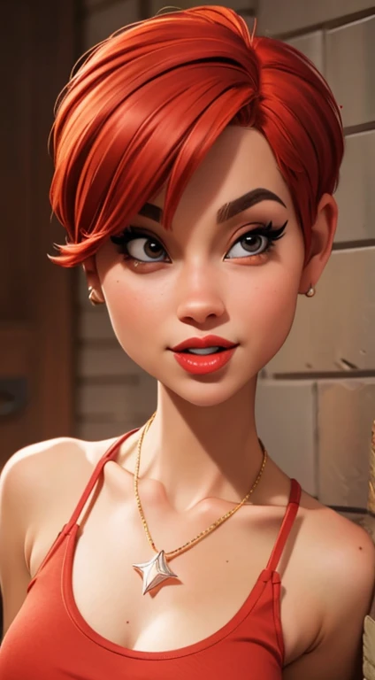 Close-up focus on 1 skinny model, wearing a red fitted tank top that covers her small breasts, pixie cut red hair, red lips, necklace, High quality, Masterpiece, Best quality, Extremely detailed, warm colors, Photorealistic