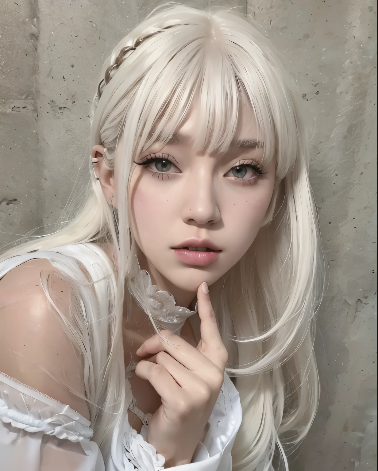 blonde girl with long bangs and white shirt posing for a photo, white bangs, White hime cut hairstyle, Long, white hair and bangs, cabello whitebangs cabello, white hair with bangs, ulzzang, with long white hair, pretty face with white fur, Girl with white hair, Whitebangs, with long and white hair, white and beautiful hair