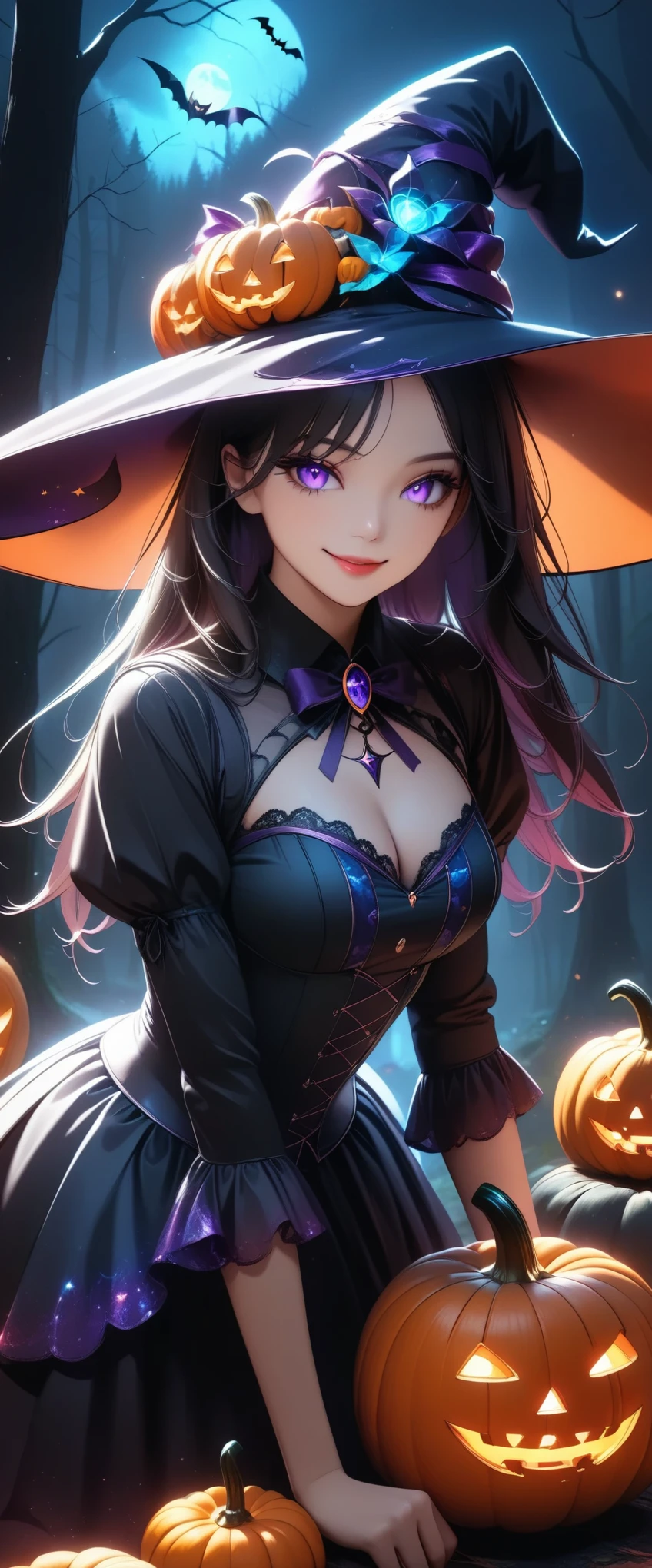 Halloween Witch,  beautiful gothic witch , 1 Girl, Detailed face, Detailed eyes,  Beautiful Detailed Lips , Beautiful Skin, Long black hair, Bright smile, Witch Hat,  black gothic dress ,  neon color magic effects:1.2,  mystical aura of magic , Dark moody lighting, dramatic fog ,  Halloween pumpkins, Black Cat, Spider Web, Western-style house in the forest , Dark forest background, (Best Quality:1.2,  very detailed ,  super high definition,  high contrast, masterpiece:1.2, Best aesthetics),  dark fantasy art , Cinematic lighting, Dramatic Shadows,  moody color palette , orange and purple tones