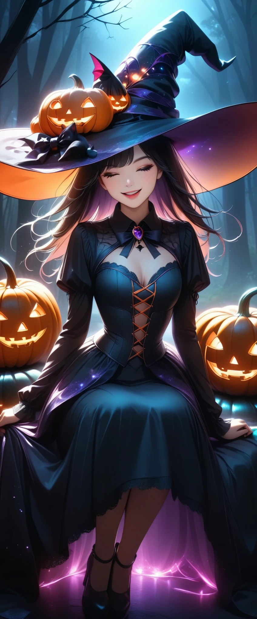 Halloween Witch,  beautiful gothic witch , 1 Girl, Detailed face, Detailed eyes,  Beautiful Detailed Lips , Beautiful Skin, Long black hair, ((Bright smile, Close your eyes, Open your mouth)), Witch Hat,  black gothic dress ,  neon color magic effects:1.2,  mystical aura of magic , Dark moody lighting, dramatic fog ,  Halloween pumpkins, Black Cat, Spider Web, Western-style house in the forest , Dark forest background, (Best Quality:1.2,  very detailed ,  super high definition,  high contrast, masterpiece:1.2, Best aesthetics),  dark fantasy art , Cinematic lighting, Dramatic Shadows,  moody color palette , orange and purple tones