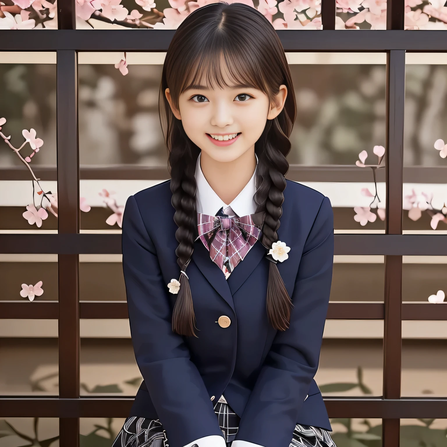 (Highest quality, masterpiece:1.2), Highest quality, High resolution, 1080P, 8k, (A noble, graceful and  Japanese young long hair lady who have a best proportion are seated giggling at me with extreme beatitude, laughing and posing like a fashion model of Japanese uniform promotion: 1.5), (Well-balanced, intelligent, drooping, double-eyelids, brown shiny large eyes with detailed make me feel her intelligence: 1.5), (Navy colored school blazer, blue-colored pleated school blue-and-dark-blue-and-black-tartan-checkered plaid-skirt: 1.5), (Plain blue school ribbon on the mature breast), (Girl whom everyone loves because of her beauty and beautiful eyes and lovely fashion and noble manner and magic-charm of succubus), (Very beautiful, glossy, cutely super-super-long straight gorgeous rich black hair, braid half up: 1.3), (Drives me crazy for their neat blue-plaid-skirts and Make me fall into their skirts), (sakura flowers background: 1.6), (Best style like a 13yohion model, mature breast), ((Completely balanced beautiful eyes)), ((Completely balanced beautiful eyes)), (Eyes, face and hair are especially beautifully detailed and beautifully drawn: 1.5), (Satisfactory best shot by professional famous women's photographer: 1.5)