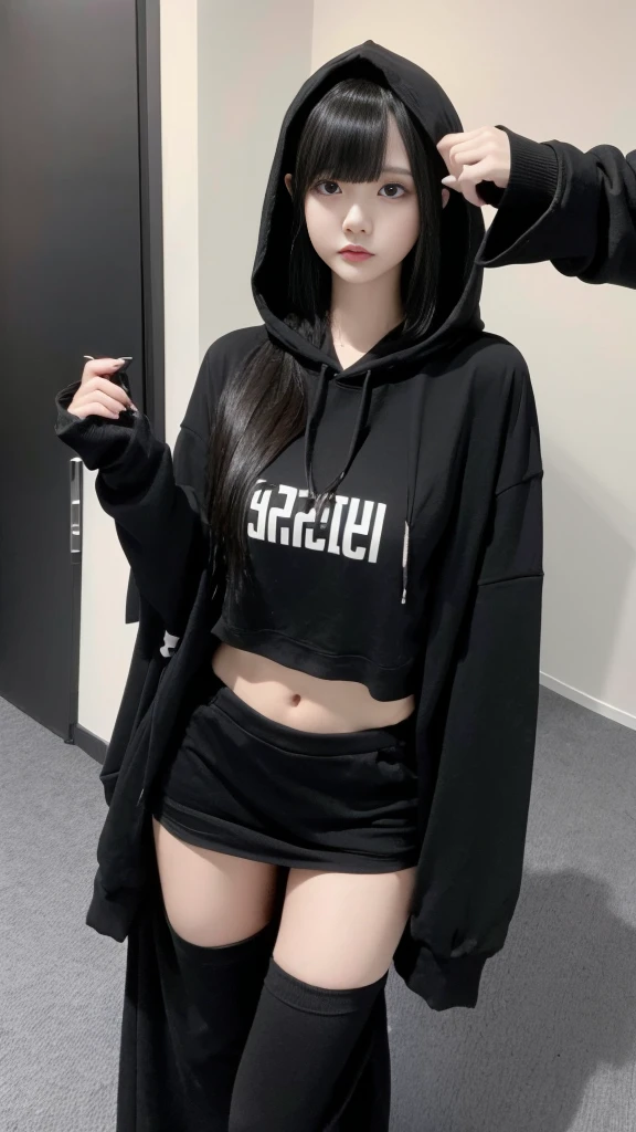1 girl, looking down at the camera, big breasts, black hoodie, no shorts, no pants, panties, thighs, black hair,