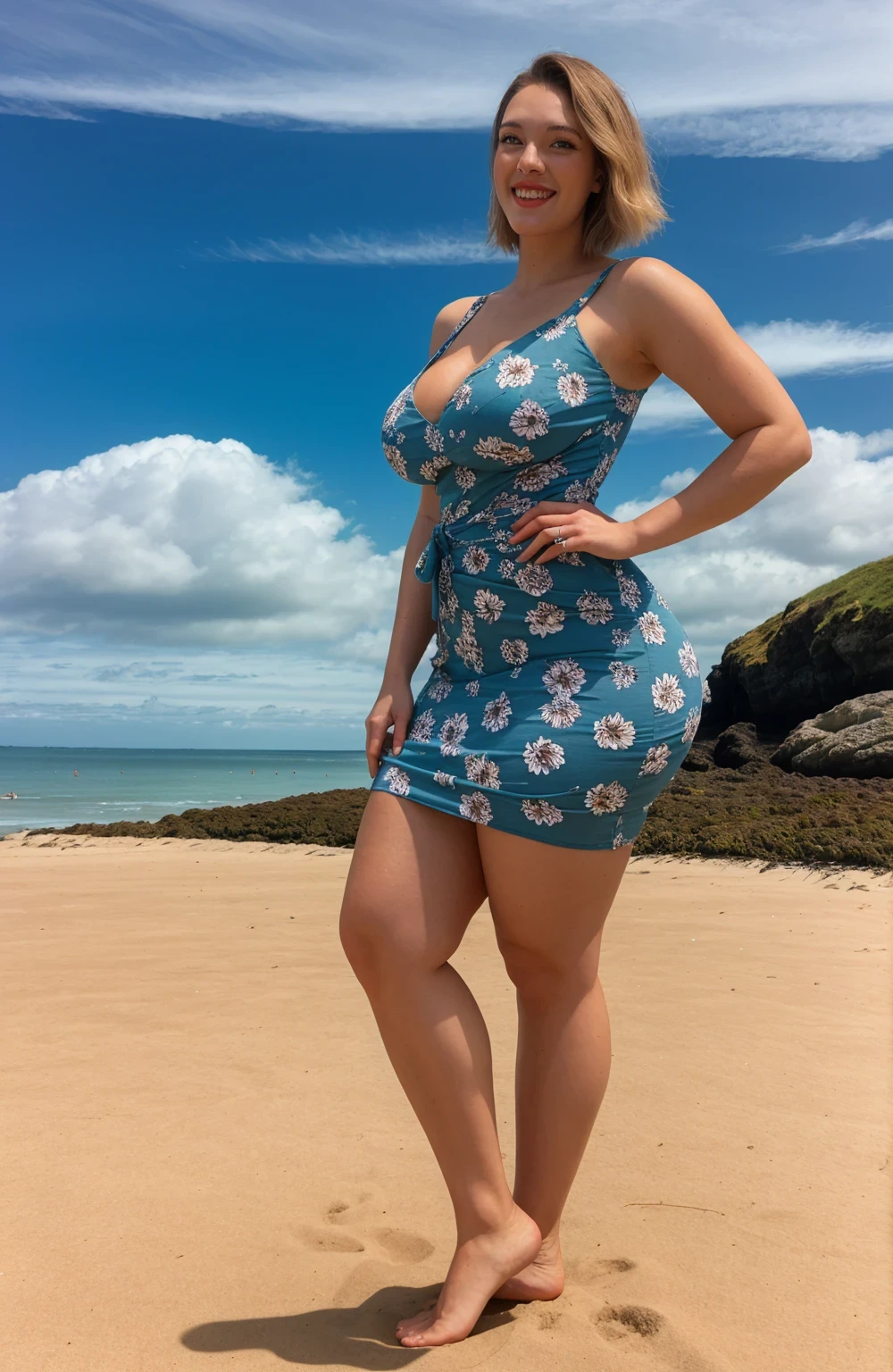 Autumn Nelson, masterpiece, best quality, 1girl, waist up, brown eyes, smile, lips, short blonde hair, closed mouth, wide hips, wearing a floral pattern dress, full length dress, background: beach with cliffs and blue sky, clouds , solo, tall, 190 cm in height, huge breasts, tall, tall, long legs, height, liftong skirt