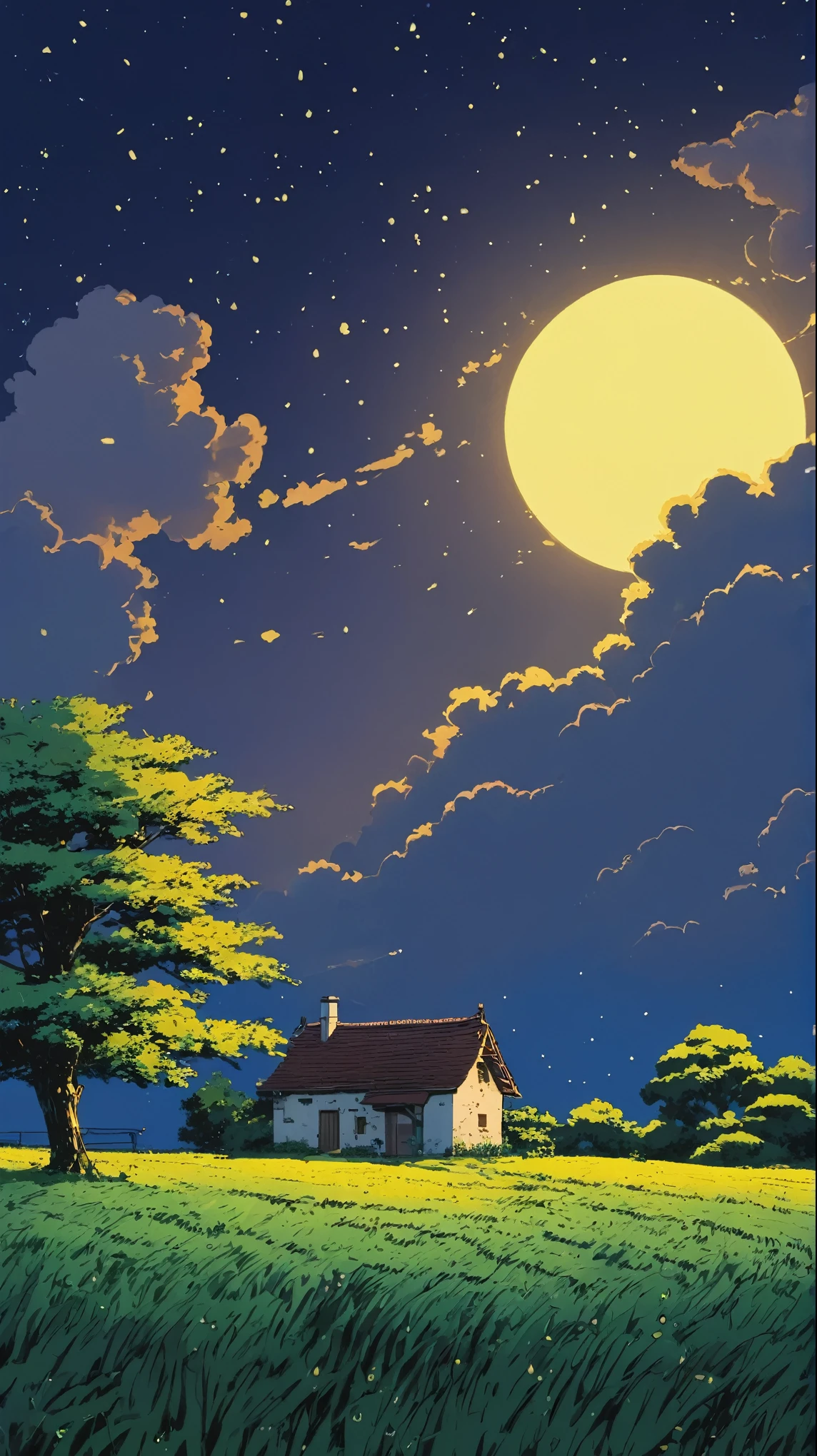 (Minimalism:1.4), Draw a simple Tintin style art,  an old small brick hut under a lonely tree  !!!,, Lonely view from afar field night serene golden clouds!!!!   ultra-detailed!!!  serene fireflies lighting dream vast incredible sky studio Ghibli, miyazaki, , Makoto Shinkai!!,  anime movie background the best quality the best of SeaArt HD 