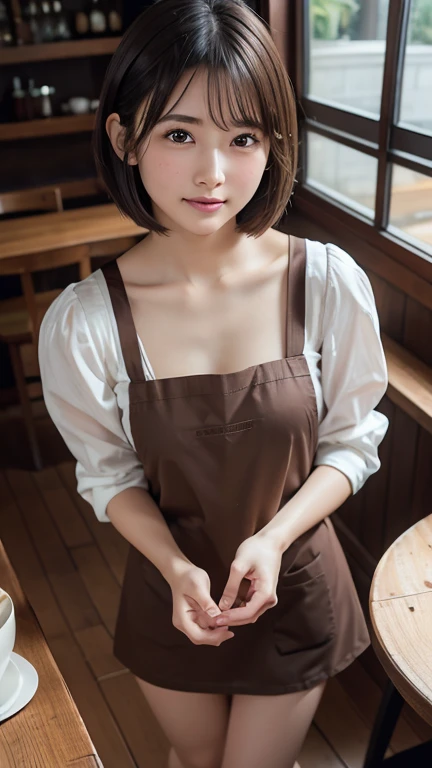 A maid with short brown hair in very short clothes wipes dust from a shelf,