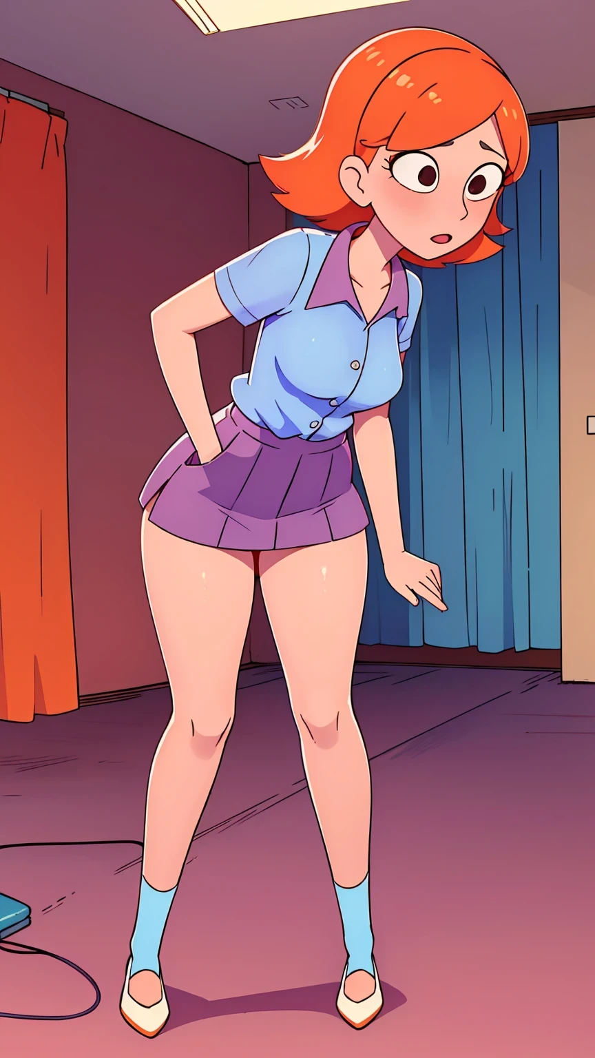  a teenage girl sexy attractive beautiful cool popular short orange hair disheveled cut light red lip wears long light blue button shirt sensual curves and a short purple miniskirt pair short blue socks legs white heel she walking living room class