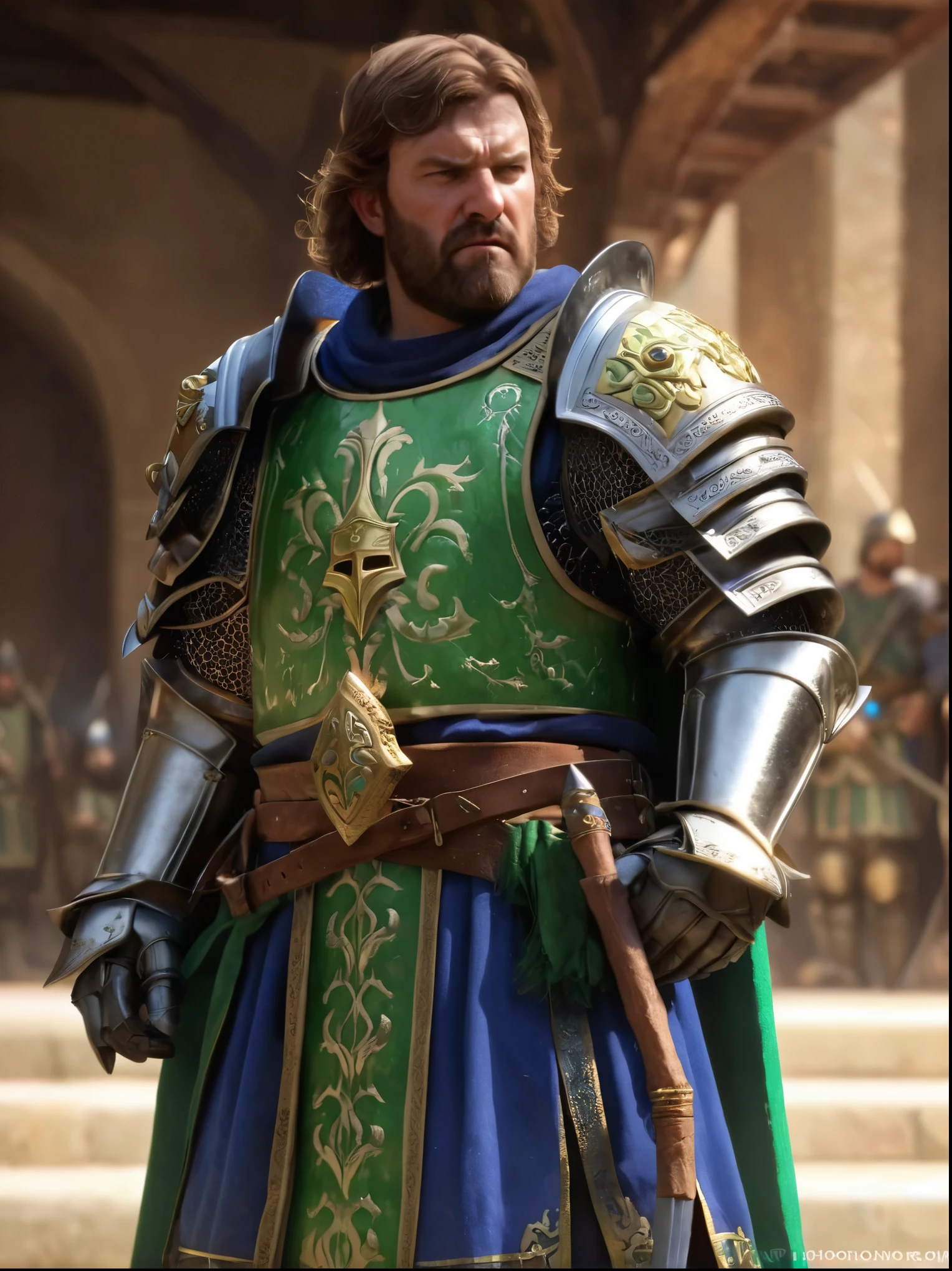 cinewow,byzantine knight, byzantine inspired armor, blue and green ctunic,serious expression,epic,cinematic,best quality,photoreal,masterpiece,awardwinning,trending on artstation and deviantart,