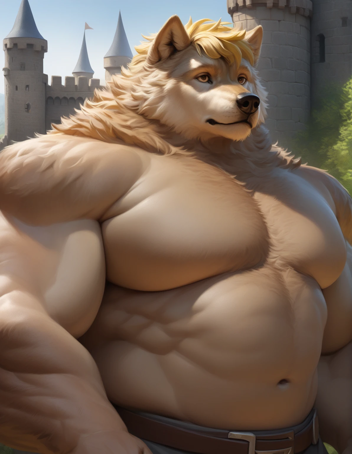 solo, 1boy, semirealistic:1.2, Huge Muscular furry wolf, knight, topless, castle background, sharp eyes, gaze, pectoral, thick arms, thick arms, wide pectoral, wide pectoral, short hair, blonde hair, simple background, masterpiece, high detailed, 8k, high resolution