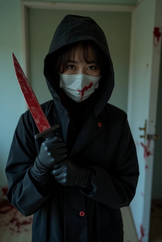 korean girl, (behind corpse, surgical mask), blood splatter, holding knife, stabbing, black gloves, room full of blood, transparent raincoat, hood up, holding knife, black gloves, behind corpse, short hair, night, mass murderer, robbery, in the hotel, light from the window