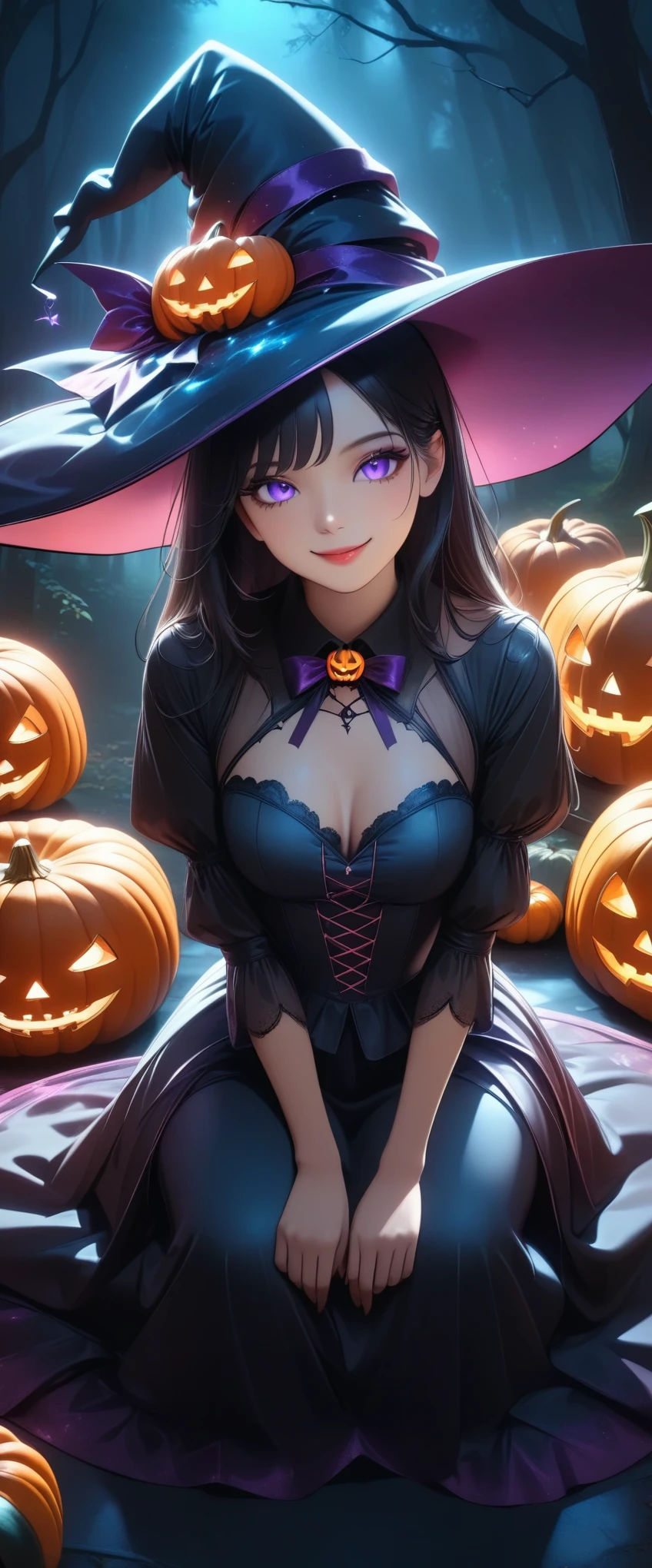 Halloween Witch,  beautiful gothic witch , 1 Girl, Detailed face, Detailed eyes,  Beautiful Detailed Lips , Beautiful Skin, Long black hair, Bright smile, Witch Hat,  black gothic dress , ((sit, Looking up)),  neon color magic effects:1.2,  mystical aura of magic , Dark moody lighting, dramatic fog ,  Halloween pumpkins, Black Cat, Spider Web, Western-style house in the forest , Dark forest background, (Best Quality:1.2,  very detailed ,  super high definition,  high contrast, masterpiece:1.2, Best aesthetics),  dark fantasy art , Cinematic lighting, Dramatic Shadows,  moody color palette , orange and purple tones