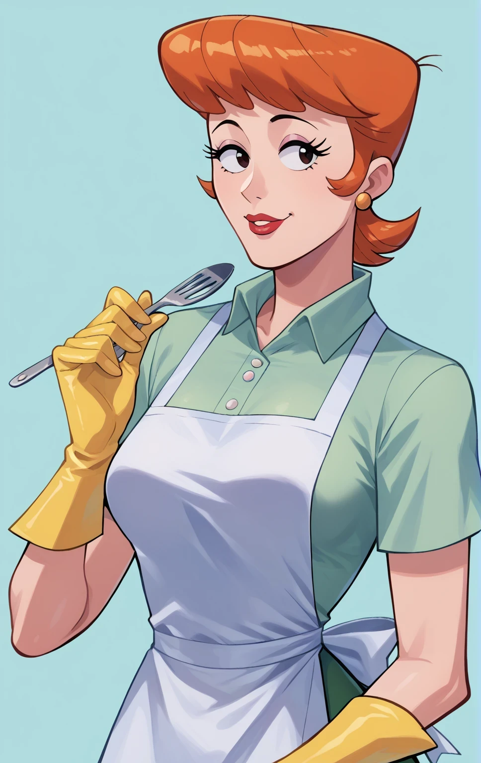 score_9, score_8_up, score_7_up, BREAK, 1girl, solo, breasts,  dextersmom, makeup, jewelry, gloves, shirt, apron, upper body, portrait, mature female, simple background,