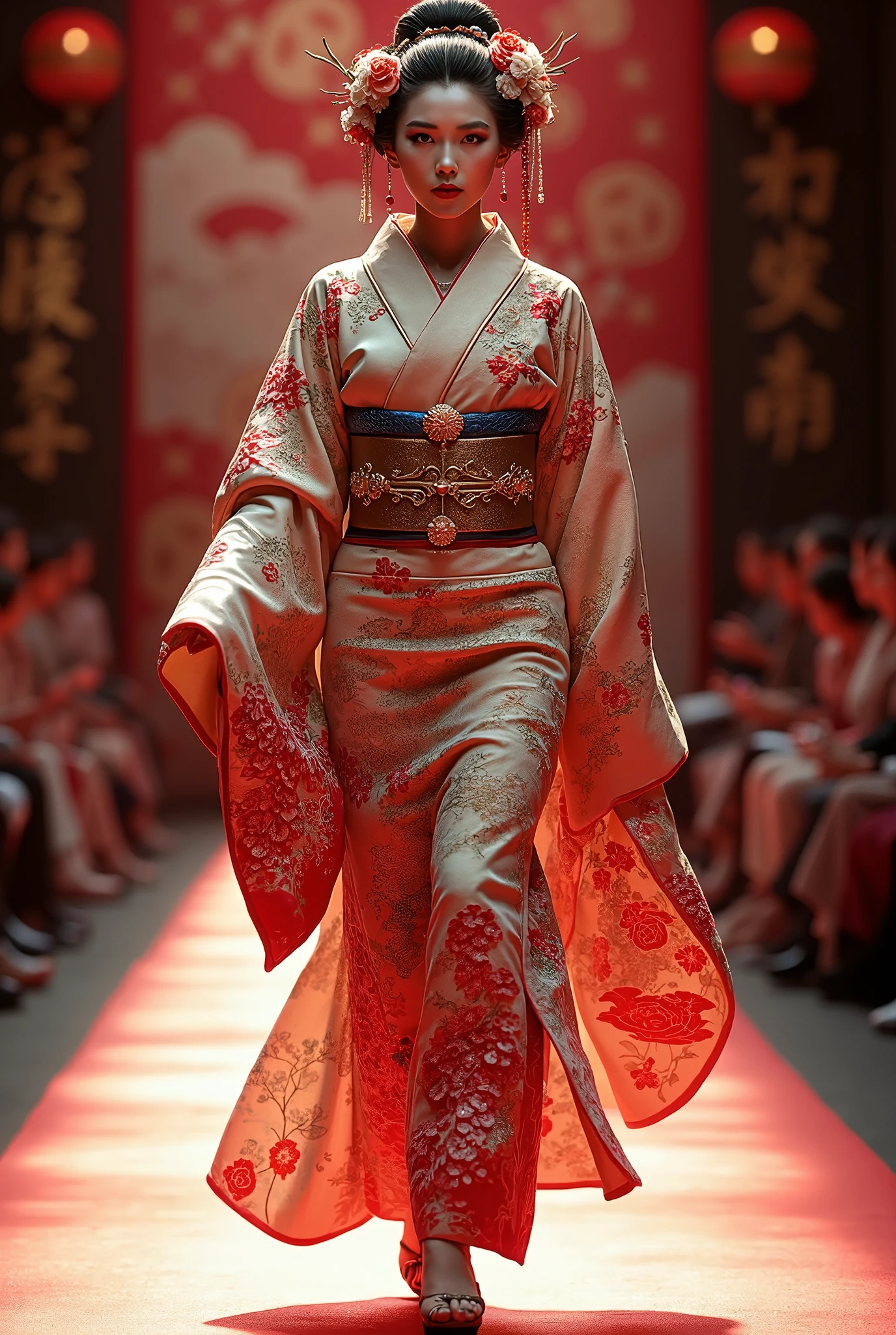 Real、(( Fashion Show))、(( walking the runway on the Kabuki stage))、Beautiful Flower Girl 、Extremely richly decorated kimono,Hanakai's red eyeliner is characteristic,Flower Master Makeup 