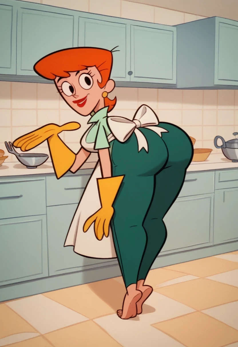 zPDXL2, dextersmom, woman, 1girl, high quality, hd quality, black eyes, beautiful eyes, beautiful body, beautiful face, aqua shirt, tight green pants, rubber gloves, short orange hair, earrings, wide hips, apron, lipstick, feet, looking at viewer, smiling, standing, kitchen, slichtly bent over, big , big ass, wide hips, thick thighs, iinside cozy bedroom,
