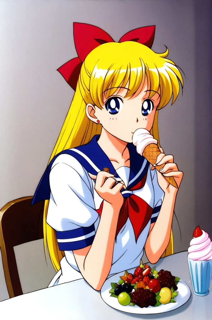 score_9,score_8_up,score_7_up,score_6_up,score_5_up,score_4_up,source_anime,
(masterpiece,highest quality,Super detailed,8k,High resolution,an extremely delicate and beautiful,Official Art,Perfect Anatomy:1.5),((90s anime,90s anime style,Cel-shaded anime,anime screencap,anime coloring:1.25)),(solo:1.5),
perfect face,beautiful,sexy,athletic body,shiny skin,
((aavenus,aino minako:1.52)), long hair, blonde hair, hair bow, tiara, earrings, blue eyes,
 red bow, school uniform, solo, bow, serafuku, sailor collar,neckerchief, short sleeves, red neckerchief, blue sailor collar,((eating ice cream:1.17))