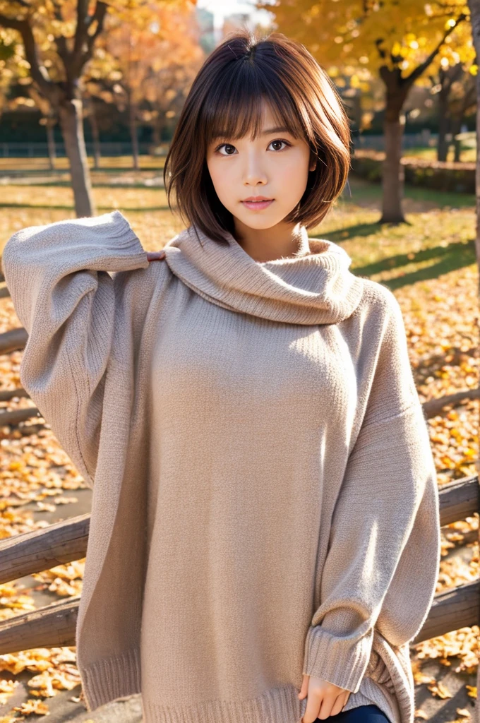 Best Quality, 8k, 32k, Masterpiece,Attractive Japan Woman Pictures, One Girl, (full body : 1.0), Abs, Perfect Body, (oversized tunic sweater : 1.1), (boots:1.1), Ultra Detailed Face, Detailed Lips, Fine Eyes, Double Eyelids,short hair,Disheveled Hair,erotic pose, autumn park 