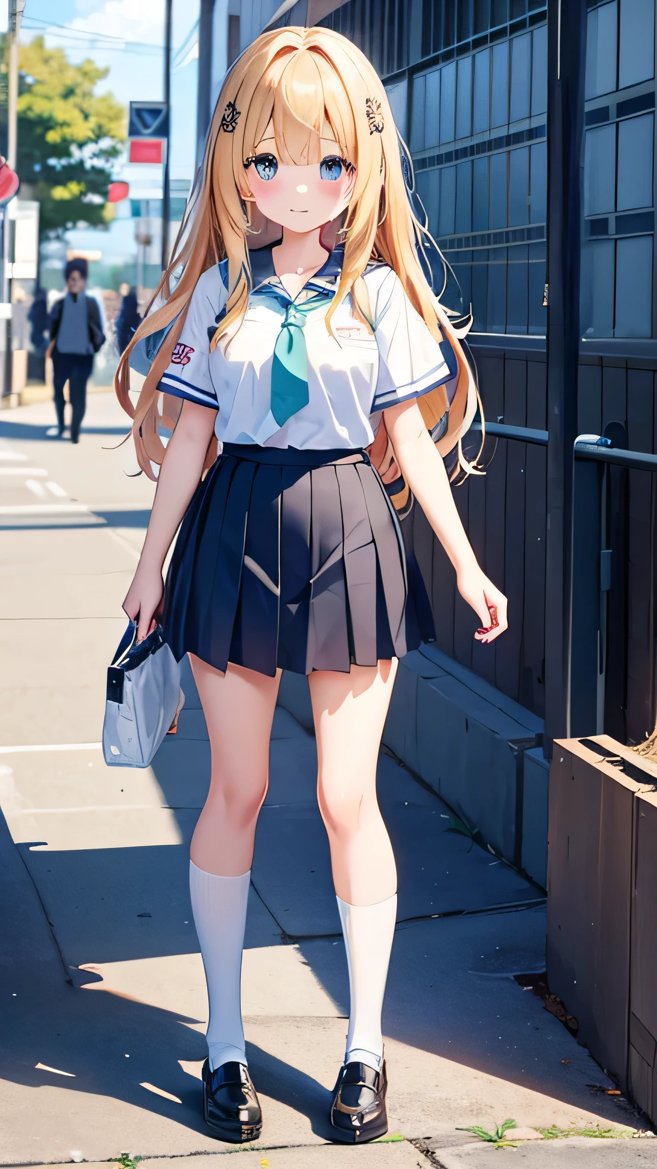 ((Viewing angle from below:1.52、Highest quality、masterpiece、32k、Every detail))、(((A strong wind blows up her hair and skirt:1.62)))、Descend the outdoor stairs、commute、whole body、Traditional navy blue sailor uniform、Outgrown white blouse、(((Mini Pleated Skirt, No underwear:1.22)))、(( I always carry my bag strap across my body.:1.42))、One Girl, alone、((((Big Breasts、barefoot, High heels))))