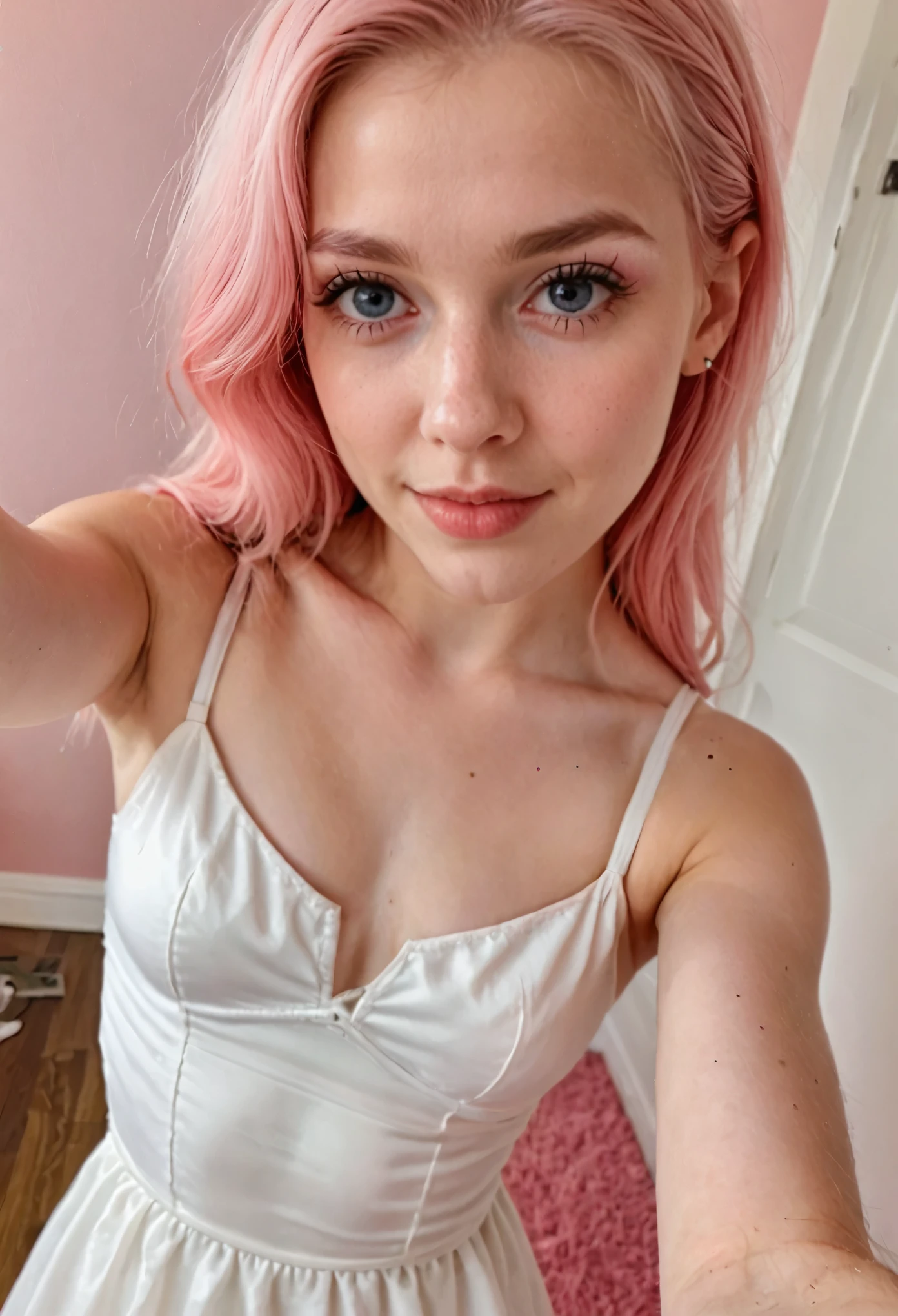 beautiful athletic woman, pastel pink hair, liza_liza, wearing white dress, selfie photograph