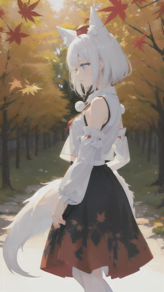 (One girl:1). masterpiece, magnificent, best quality, full body,slim. (Detailed, Focused:1.2) (White hair, bushy hair, fluffy hair), blue eyes, (big wolf ears, fluffy wolf tail, big tail:1). maple leafs. ( wolf tail, tokin hat, shirt, detached sleeves, long skirt, pom pom clothes, see-through silhouette:1.2).(Beautiful legs, flat chest:1.2). (shy, sad, kind:1.3). (Face close up:1.2). ( In maple forest, standing:1.3). (view from side:1.2). (Maple leaves, autumnal:1.2).