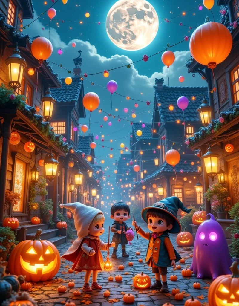 (tmasterpiece), ( super detailed :1.3)，Best quality，(flash:1.2)，( fantasy Halloween world :1.4)，( Van Gogh Halloween :1.5),((( delicious candy ， cute wizard ，Pumpkin monsters，mummy， superheroes and other Halloween decorations )))， Fantasy World， cute cartoon design style ，night，Sky，Chop the moon，色彩Bright，Bright，1. 4x realistic ， Ultra HD， are displayed in this beautiful scene，(Very detailed，Well-designed ，Clear lines，High definition，masterpiece， Official Art ， Film Light Effects ，8k)