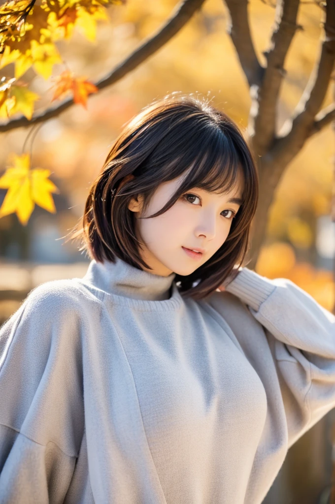1 girl,sexy pose,highest quality,masterpiece,figure,very delicate and beautiful,CG,unity,8k wallpaper,wonderful,finely,masterpiece,official art,very detailed CG unity 8k wallpaper,incredibly absurd,huge file size,super detailed,High resolution,very detailed,beautiful detailed girl,realistic,full frontal,outdoor,turtleneck shirt,skirt,contrast of light,short hair,